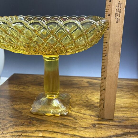 LE Smith Footed Trellis Square Compote Bowl Vase Weave Yellow Glass LARGE‎ 8.5"H - Picture 9 of 14